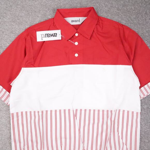VTG 80s 90s Award Deadstock Medium Red White Striped Short Sleeve Collared Shirt - Picture 7 of 10